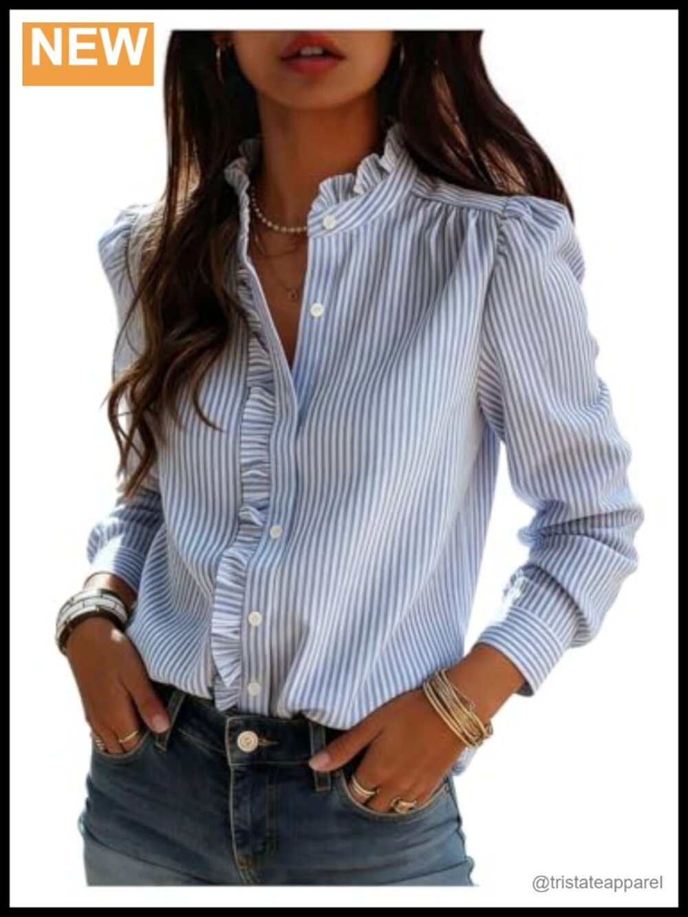 Striped Button Down Long Sleeve Ruffle Blouse Office Top